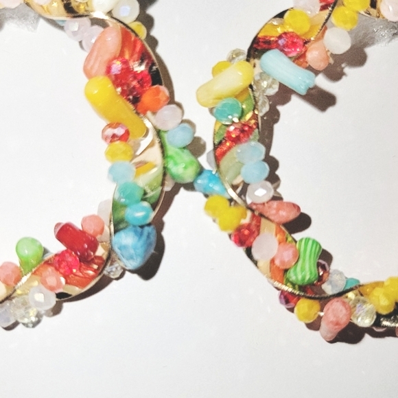 NEW! Multicolored Color Enhanced Coral & Glass Drop Hoop Earrings in Goldtone. - Picture 6 of 12